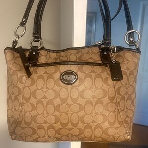Low start Coach Signature Canvas Tote in Tan with Dark Brown Trim in EUC.